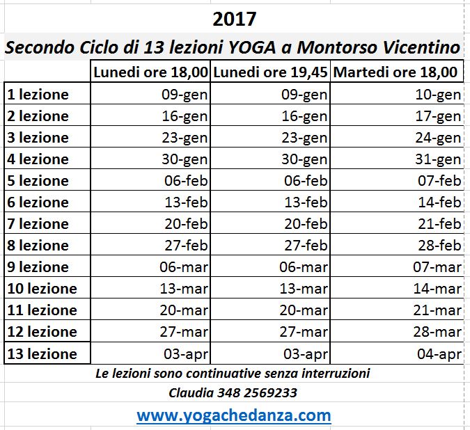 Calendario lezioni SECONDO CICLO corso Yoga a Montorso Vicentino dal 9 Gennaio 2017 al 4 Aprile 2017